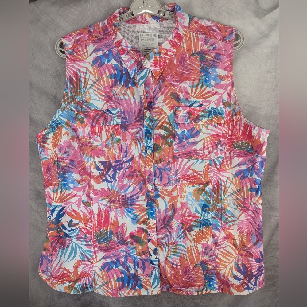 Reel Legends 3X Sleeveless Floral Fishing Button Down Shirt Like New